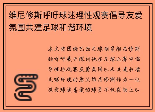 维尼修斯呼吁球迷理性观赛倡导友爱氛围共建足球和谐环境