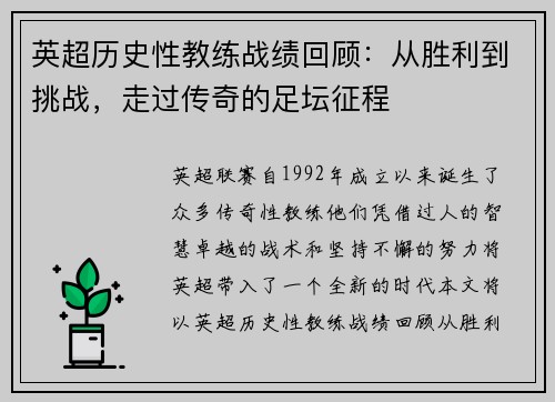 英超历史性教练战绩回顾：从胜利到挑战，走过传奇的足坛征程