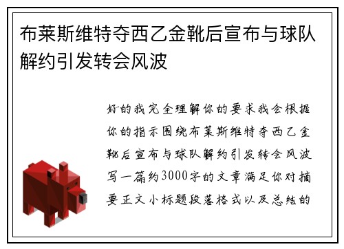 布莱斯维特夺西乙金靴后宣布与球队解约引发转会风波 布莱斯维特夺西乙金靴后宣布与球队解约引发转会风波
